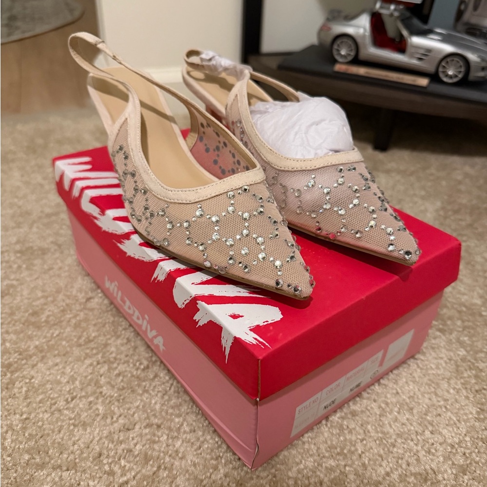 Wild Diva Nude Slingback Heels with Sparkling Accents